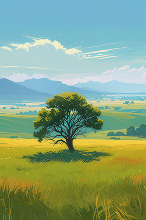 Tree on the green meadow with mountains in the background. Vector illustration.の素材