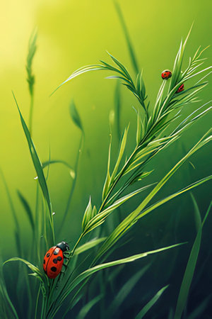 ladybug on green grass in the morning sun, nature seriesの素材