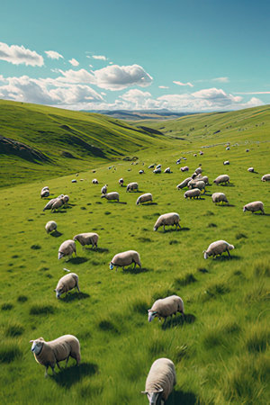 Flock of sheep grazing on a green meadow in the summerの素材