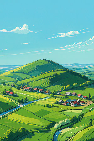 Landscape with village and meadows. Vector illustration of a countryside.の素材