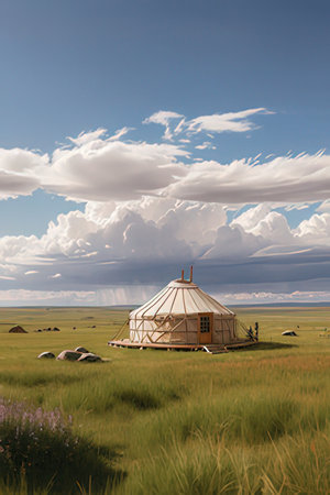 Mongolian yurt on the prairie in Mongolia.の素材