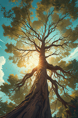 Old tree with sunbeams in the sky. Vector illustration.の素材