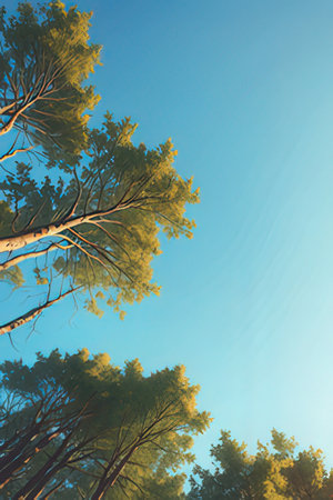 pine trees on blue sky background - retro vintage effect style picture.の素材