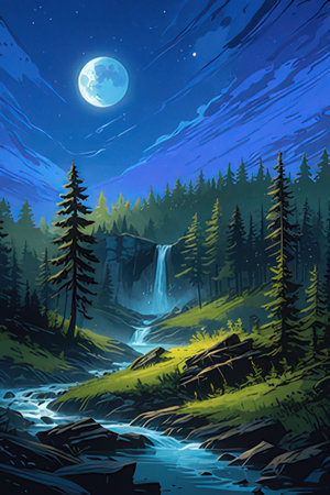Night landscape with a waterfall and a coniferous forest. Vector illustrationの素材