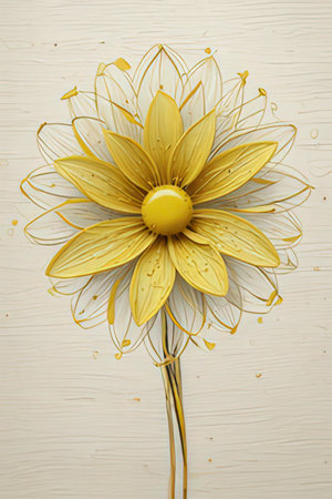 Yellow flower on a white wooden background. 3D illustration. Top view.の素材