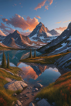 Mountain landscape with lake and reflection in the water, 3d illustrationの素材