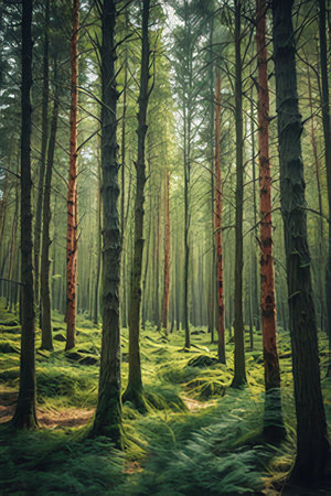 Beautiful pine forest in the morning. Vintage style toned pictureの素材