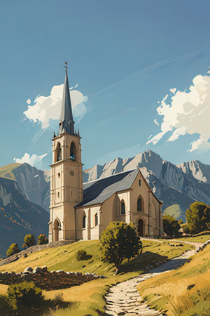 Church in the mountains on a sunny day. Digital painting illustration.の素材