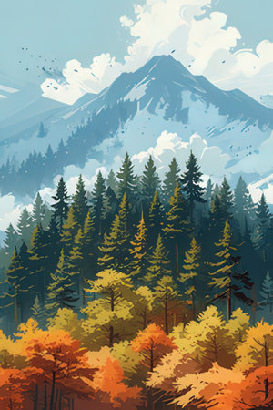Autumn landscape with mountains and coniferous forest. Vector illustration.の素材