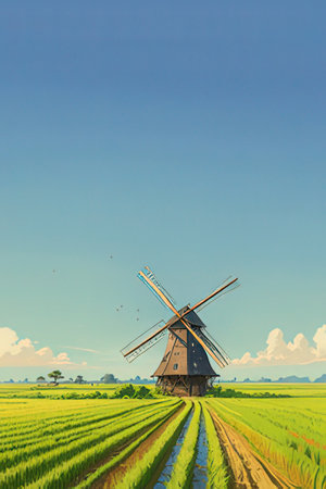 Old windmill in rice field with blue sky background, vintage styleの素材