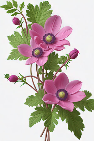 A bouquet of pink anemone flowers on a white backgroundの素材