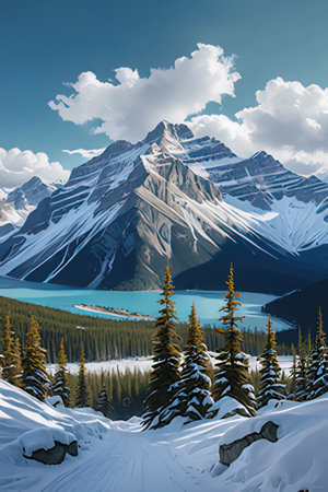 Beautiful winter landscape with snow covered mountains and lake in Canadian Rockiesの素材