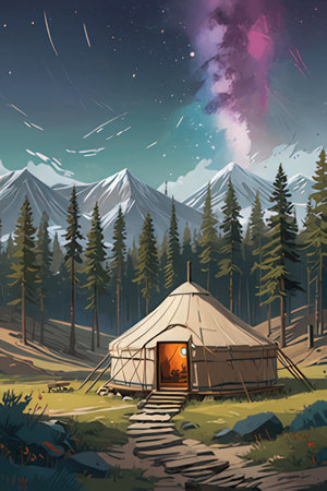 Yurt in the mountains. Illustration for children's book.の素材