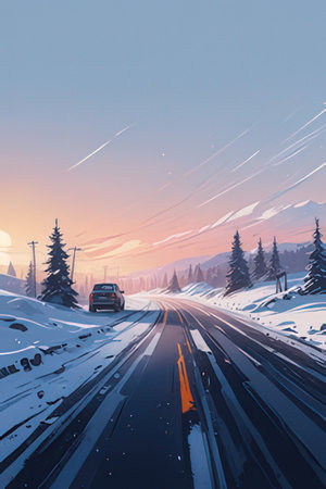 Winter road in the mountains at sunset. The car goes on the highway.の素材
