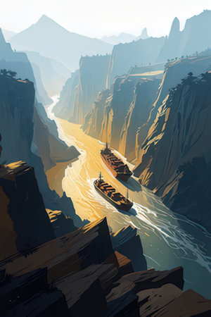 Boats on the river in the mountains. Vector illustration.の素材