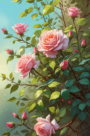 Beautiful blooming pink roses on a background of green leaves. Illustrationの素材