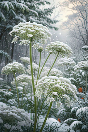Snow covered plants in the winter garden, close-up.の素材