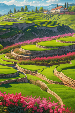 Beautiful spring landscape in the countryside. Colorful flowers on the hill.の素材