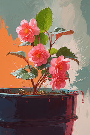 Pink begonia in a pot on a gray background.の素材