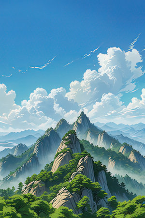 Mountain landscape with clouds and blue sky. 3D illustration.の素材