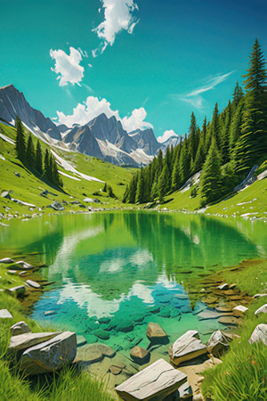 Mountain lake in the middle of a green meadow and forestの素材