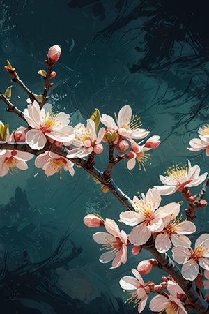 cherry blossom branch on dark blue water background, vector illustrationの素材