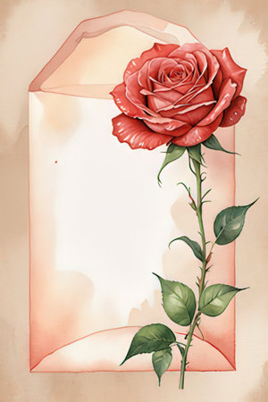 Greeting card with a red rose on a beige backgroundの素材