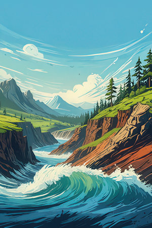 Beautiful landscape with mountains, river and forest. Vector illustration.の素材