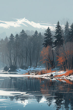 Winter landscape with lake and forest. Digital painting. Vector illustration.の素材