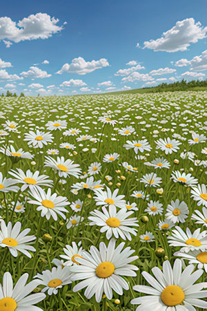 White daisies on a green meadow. Summer landscape.の素材