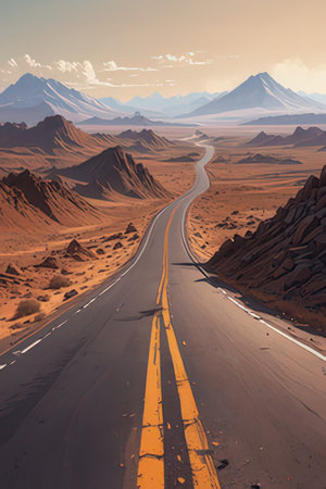 Road in the desert with mountains and blue sky. 3d renderingの素材