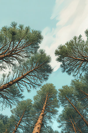 Pine tree in the forest with blue sky - vintage retro effectの素材