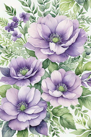 Seamless pattern with purple peony flowers. Watercolor illustration.の素材
