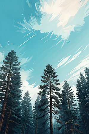 Winter landscape with pine trees and snowflakes.の素材