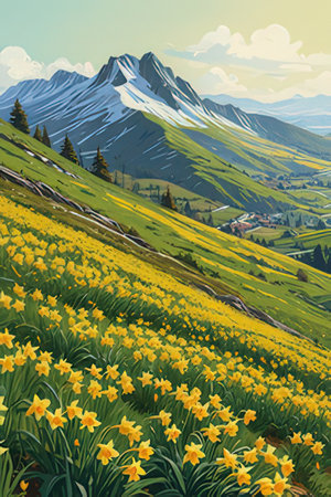 Spring landscape with daffodils and mountains. Digital painting.の素材