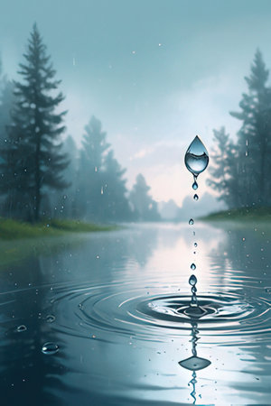 Water drop falling into a puddle with pine trees in the backgroundの素材