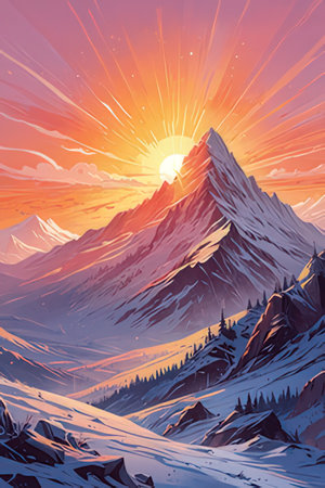 Mountain landscape with snow-capped peaks at sunset. Vector illustration.の素材
