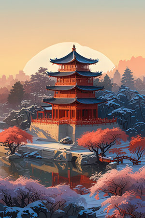Chinese temple in the winter landscape. Digital painting. Vector illustration.の素材