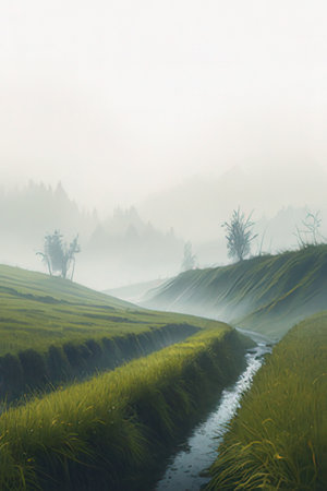 Rice terraces in a misty morningの素材