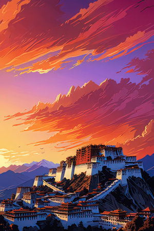 Landscape with a prominent ancient structure at sunset. Digital painting.の素材