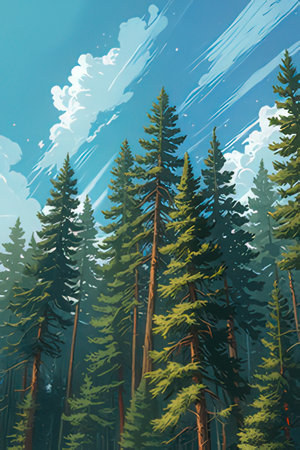 Pine trees in the forest with clouds in the sky, illustrationの素材