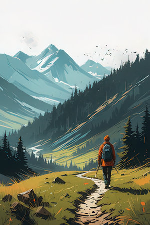 Hiking in the mountains. A man with a backpack walks along the path.の素材