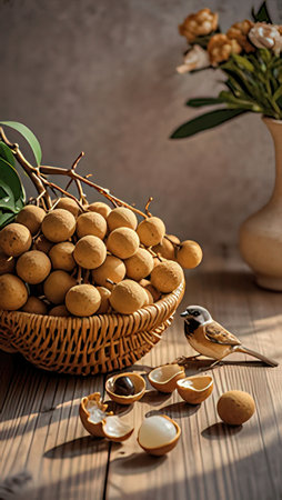 Longan fruit in a basket with a bird on a wooden tableの素材