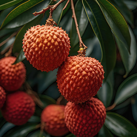 Ripe lychee fruit on the tree. Selective focus.の素材