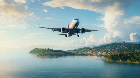 Airplane flying over the sea. Travel concept. 3D Renderingの素材