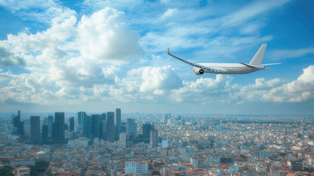 Airplane flying over the city. 3d illustration. Travel conceptの素材