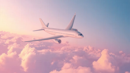 Commercial airplane flying above clouds at sunset. 3d render illustration.の素材