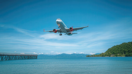 Airplane flying over the sea with blue sky and mountain background.の素材