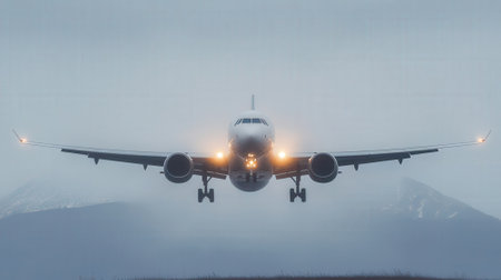 Airplane flying in the sky in the fog. 3d renderingの素材