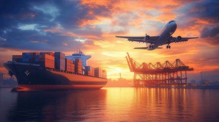 Container Cargo freight ship with working crane bridge and import export background.の素材